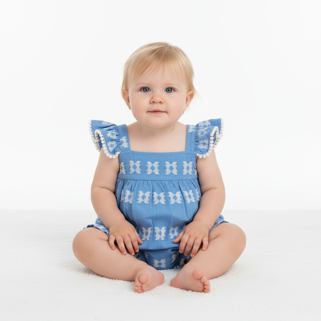 Mer St Barth Chloe baby romper sky white embroidery