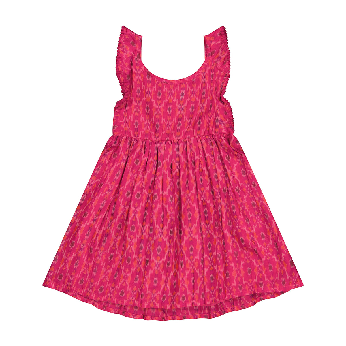 Mer St. Barth Daphne girls flutter sleeve dress in a vibrant pink rosette ikat print with a relaxed, breezy fit.