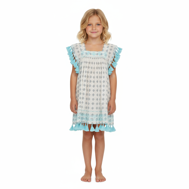 Serena Girls Tassel Dress Navy Aqua Dobby