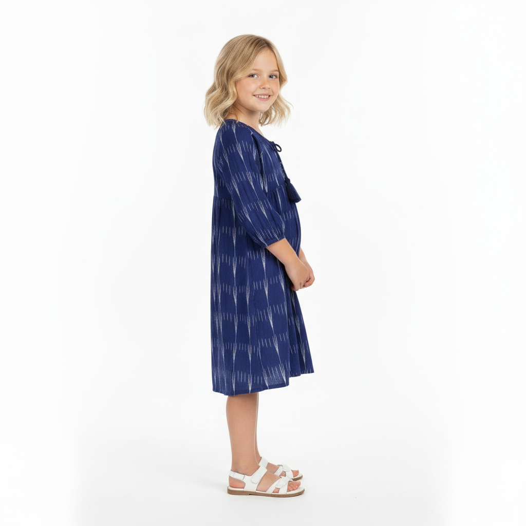 Sara Girl's Popover Dress Indigo Ikat