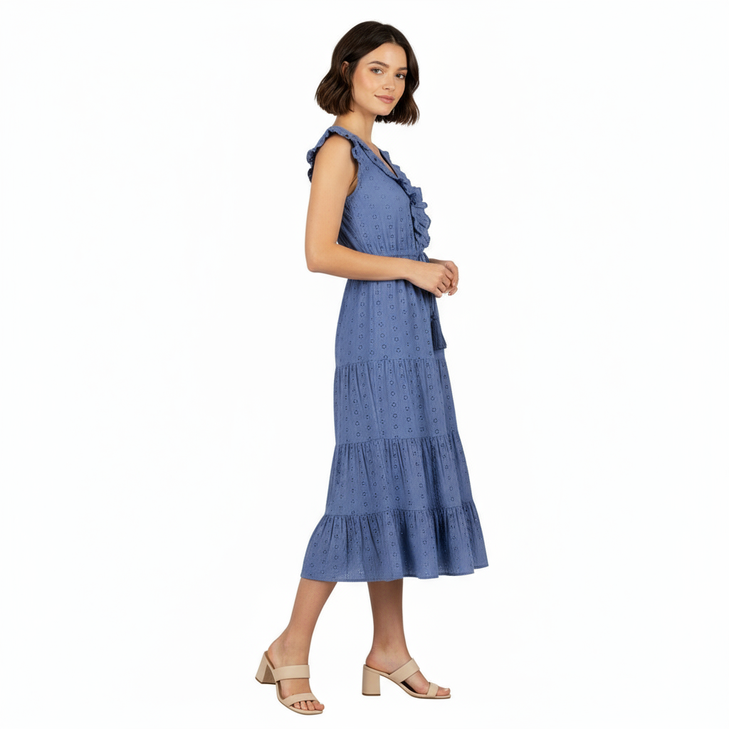Mer St Barth Giselle Women's Maxi Dress Ocean Blue Eyelet