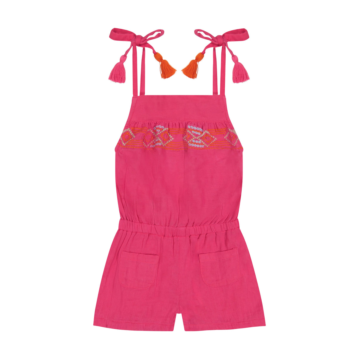 Mer St Barth Inez Girls' Shoulder Tie Romper Raspberry Embroidery