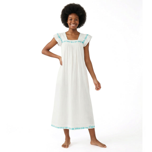 Maxi Sandrine Womens Dress Aqua Floral Embroidery