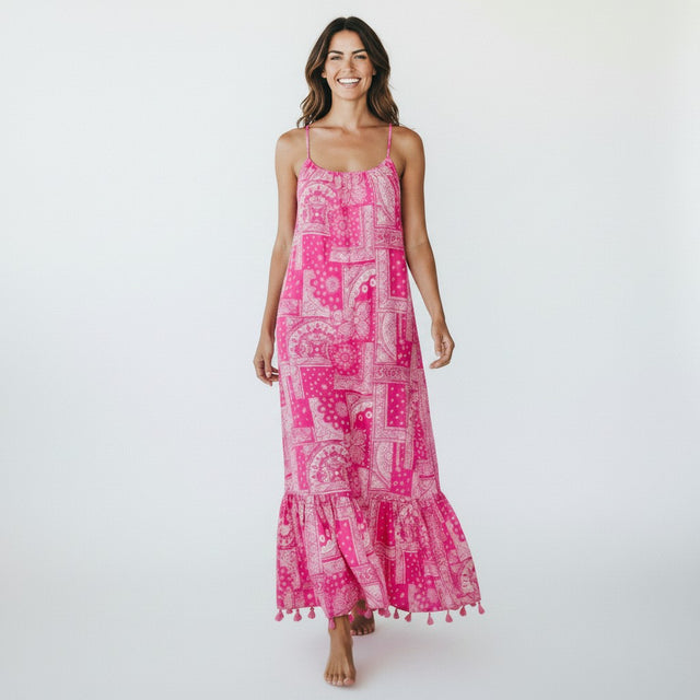 Mer St. Barth Chantal women's pink patchwork bandana print sundress with spaghetti straps and tassel hem detail.