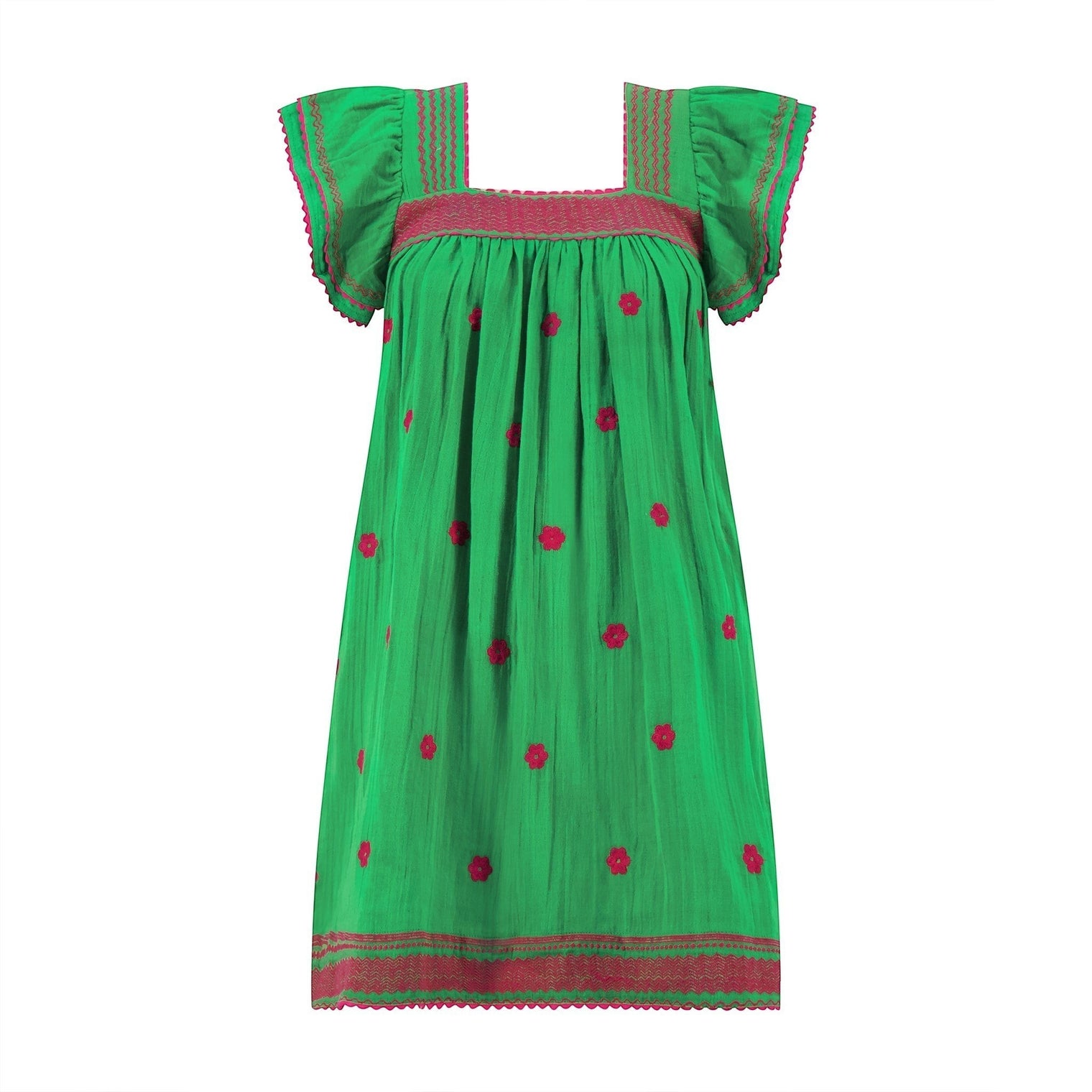 Mer St. Barth emerald green cotton mini dress with pink floral embroidery, square neckline, and flutter sleeves.