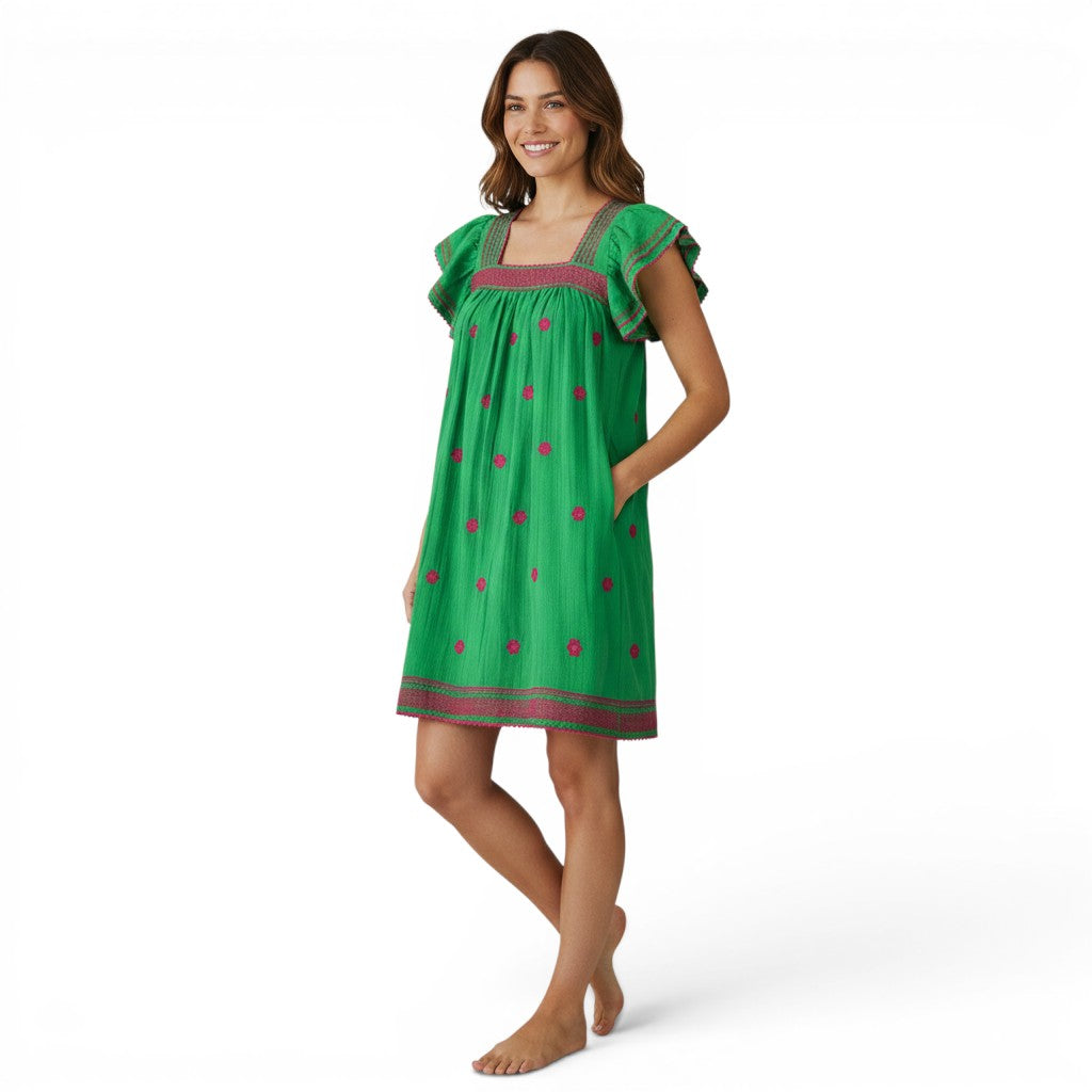 Mer St. Barth green cotton mini dress with square neckline, ruffled sleeves, and pink floral embroidery.