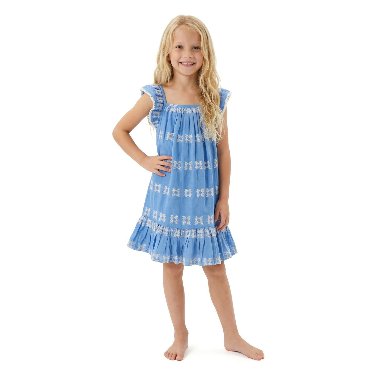 Mer St Barth Mini Eva Girls' Dress Sky White Embroidery