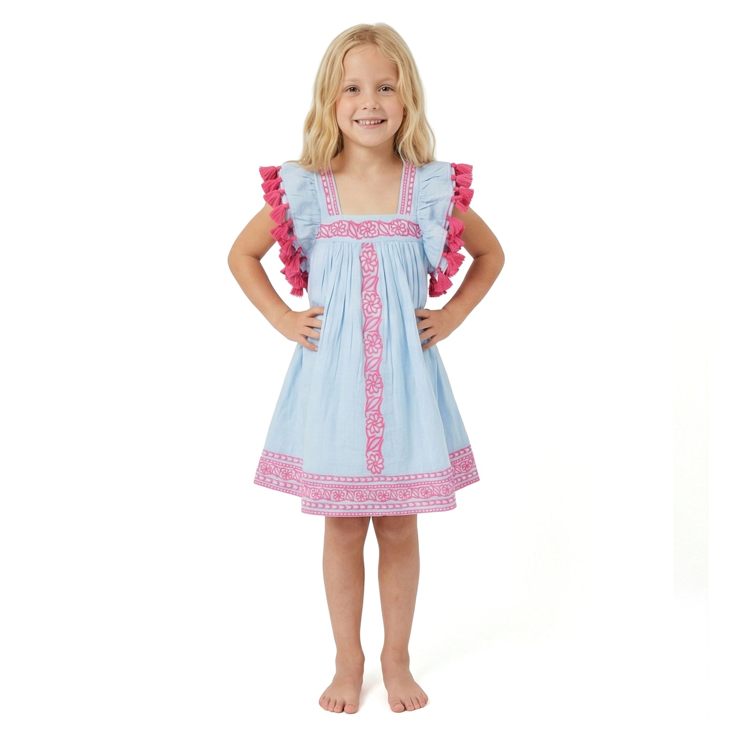 Serena Girls Tassel Dress Sky Embroidery