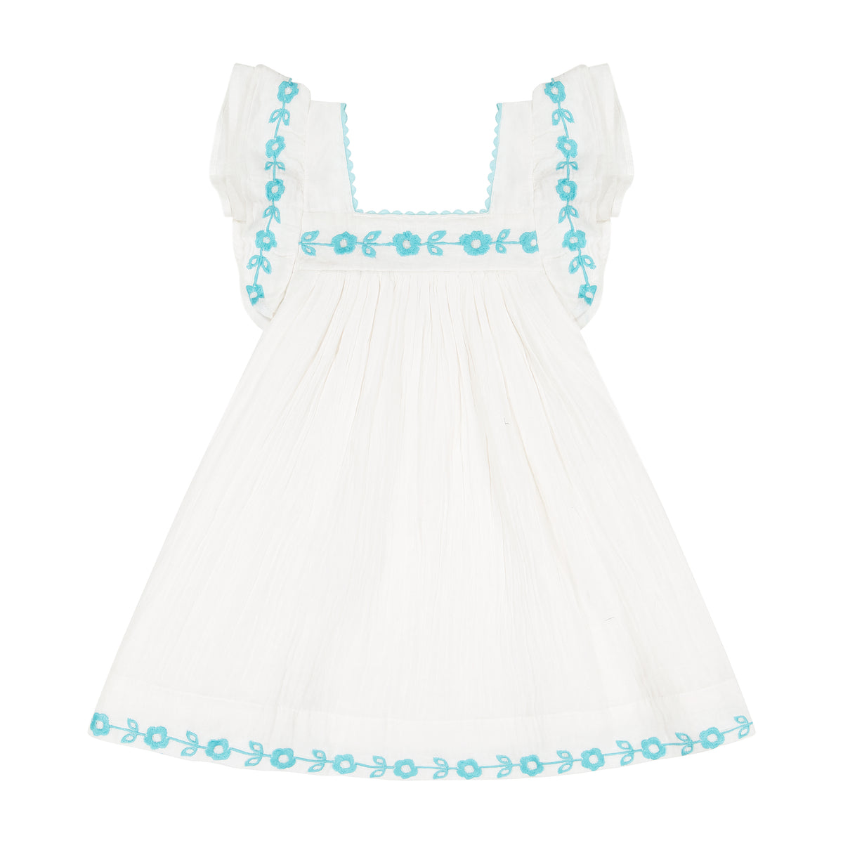 Mer St Barth Serena Girls' Tassel Dress Aqua Floral Embroidery
