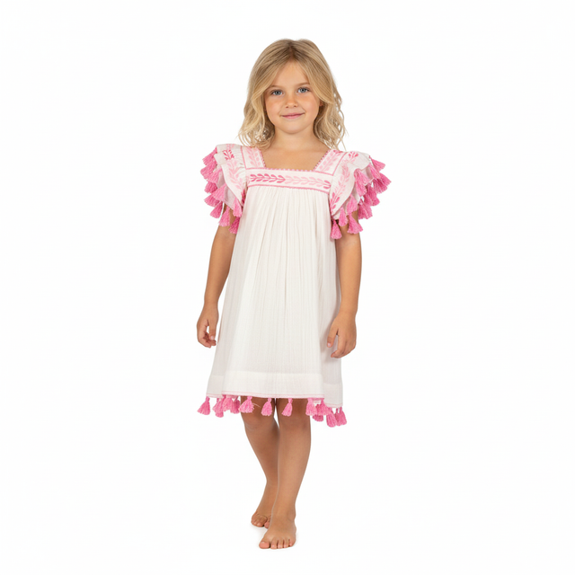 Mer St Barth Serena Girls' Tassel Dress Petal Embroidery