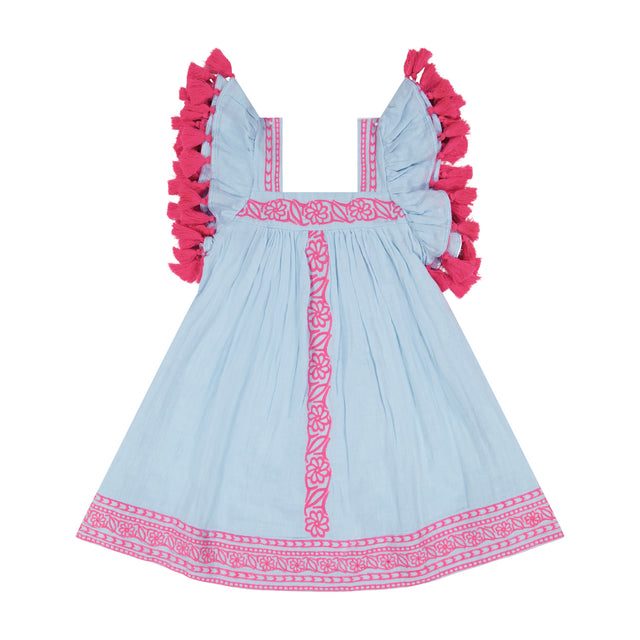 Mer St Barth Serena Girls' Tassel Dress Sky Embroidery