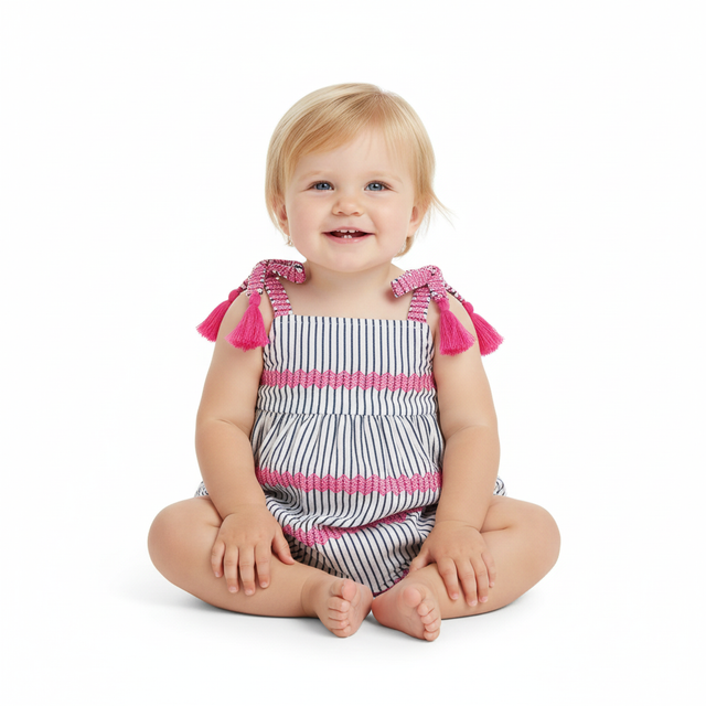 Mer St Barth Zoe Baby Romper Marine Stripe Embroidery