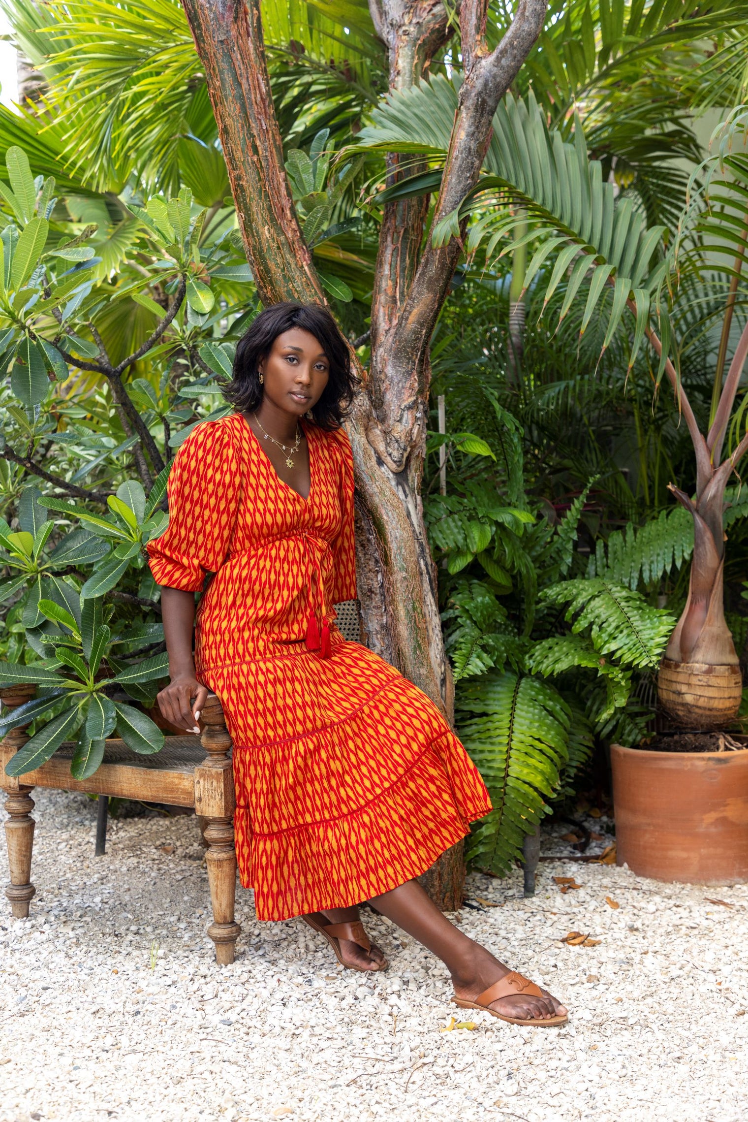 Odette Women's Maxi Dress Red Gold Ikat