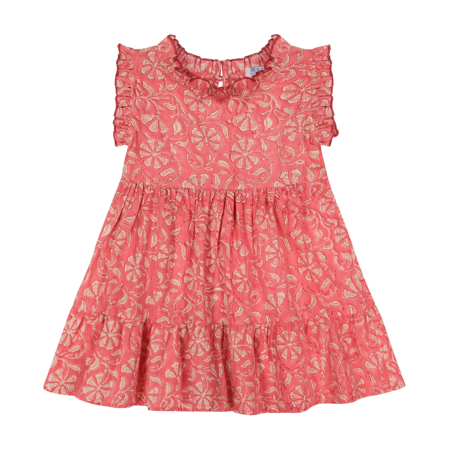 Ondine Ruffle Dress Coral Flower Block Print