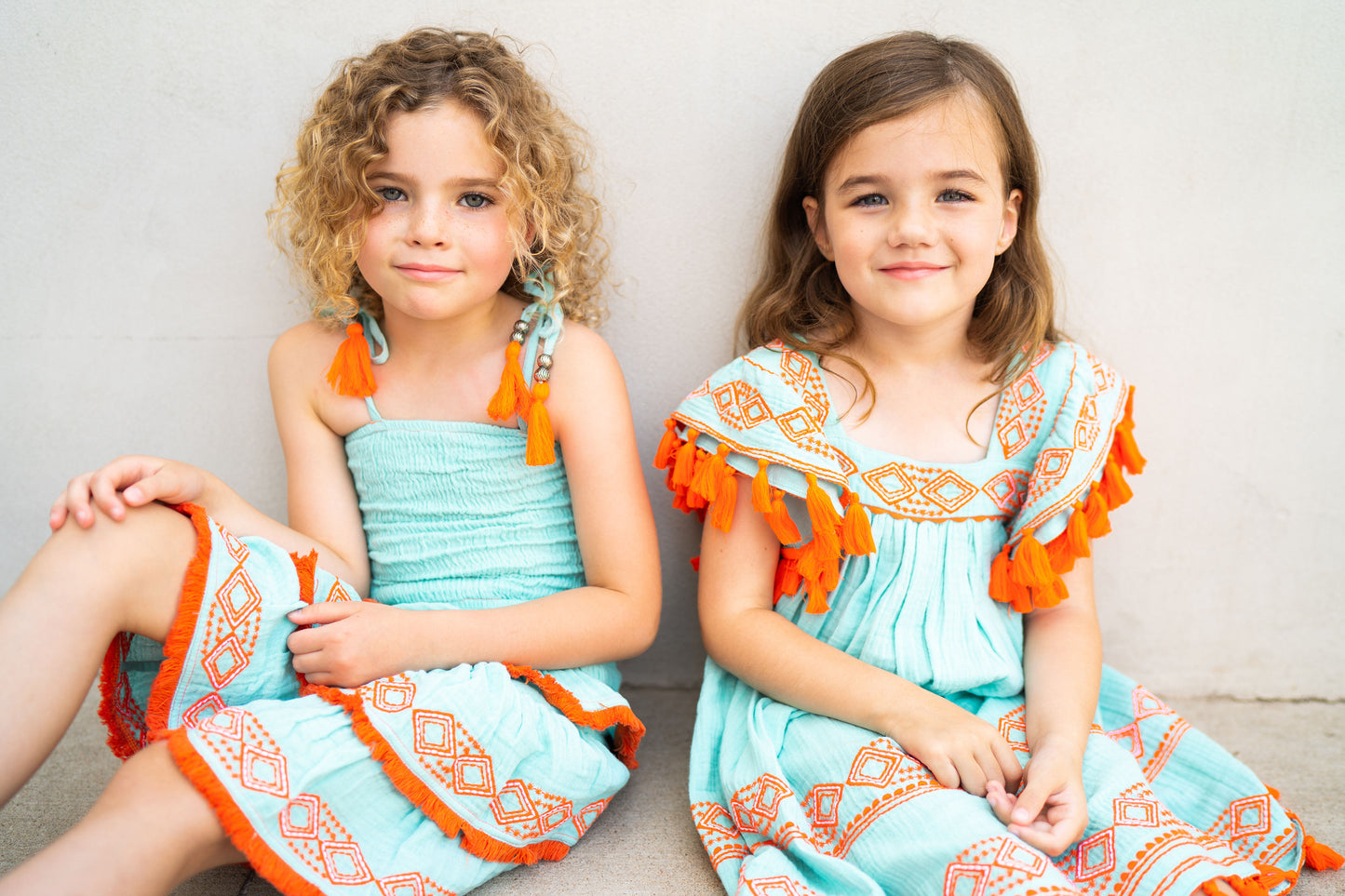 Louisa Girl's Smocked Top And Skirt Set Aqua Seas- fina sale