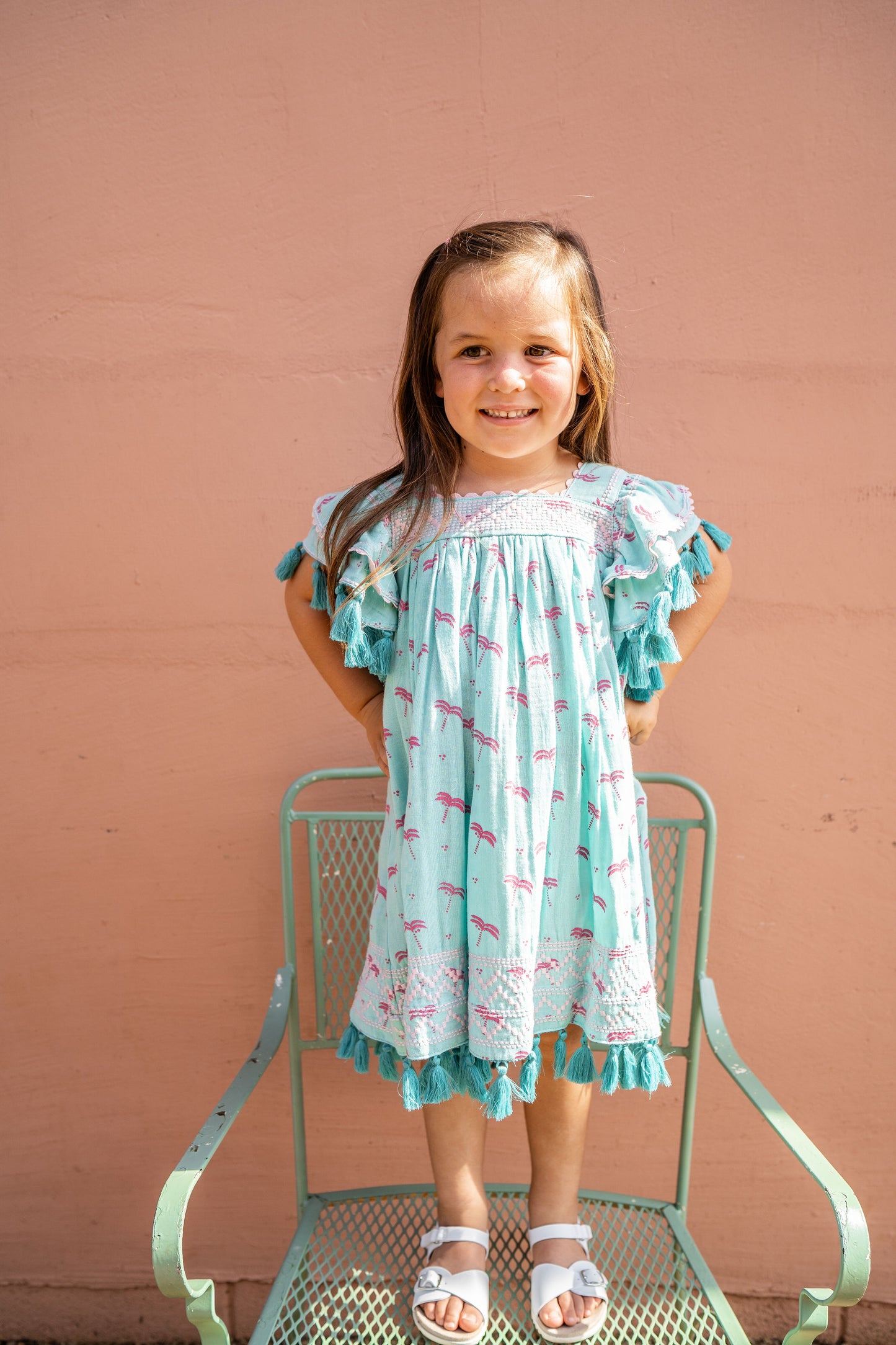 Serena Girl's Tassel Dress Swaying Palm Aqua - final sale