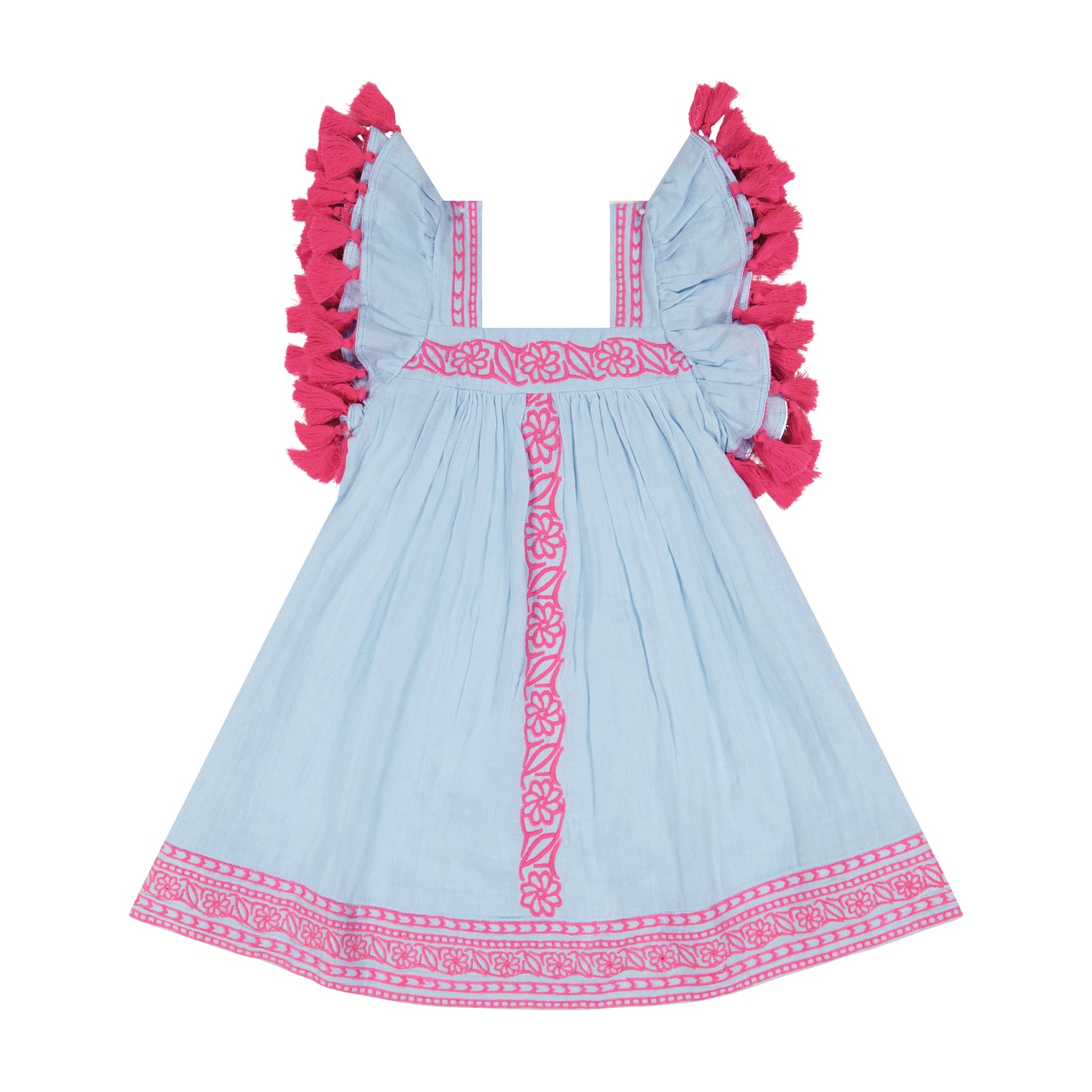 Serena Girls Tassel Dress Sky Embroidery