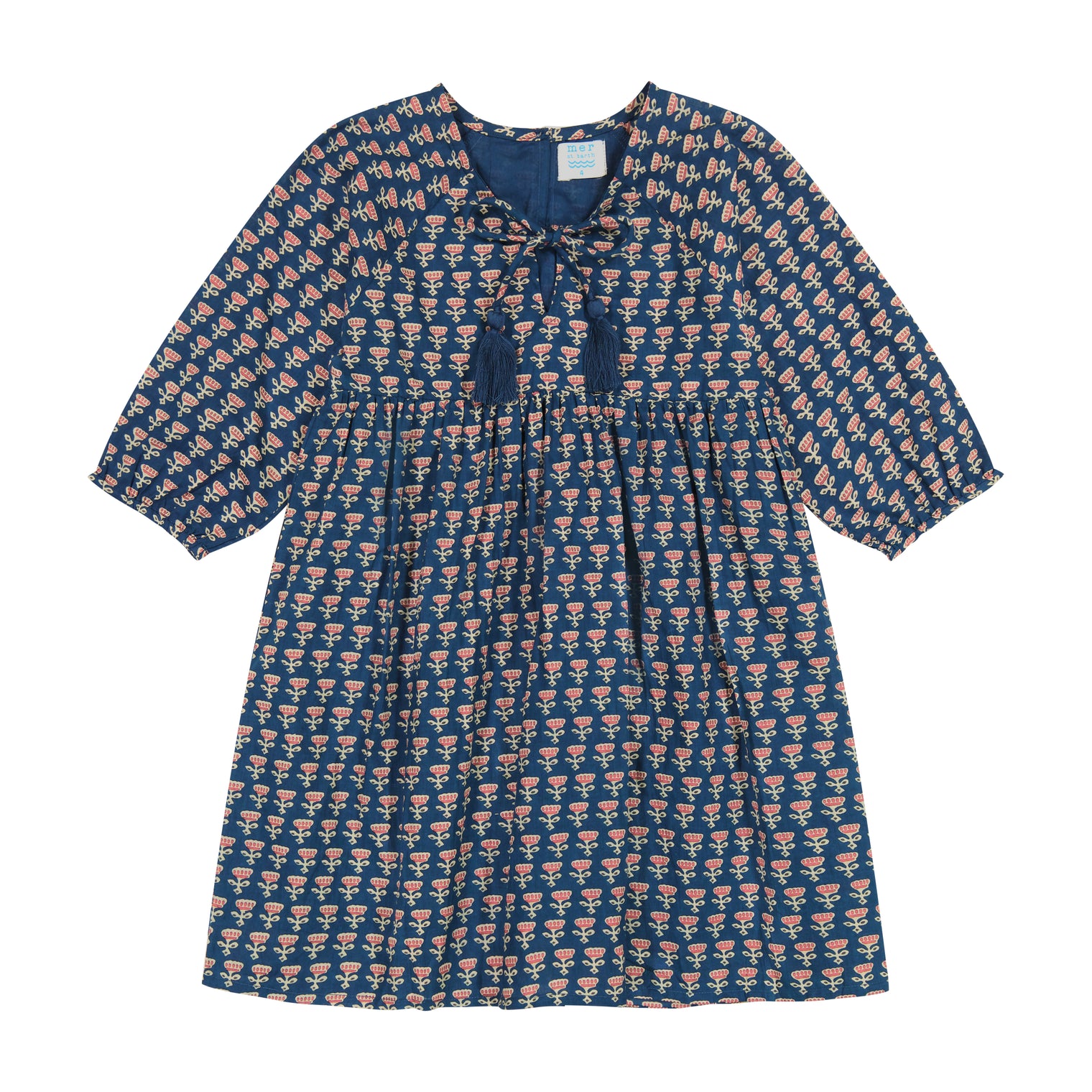 Sara Girl's Popover Dress Blue Floral Block Print