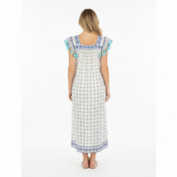 Maxi Sandrine Womens Dress Navy Aqua Dobby Embroidery