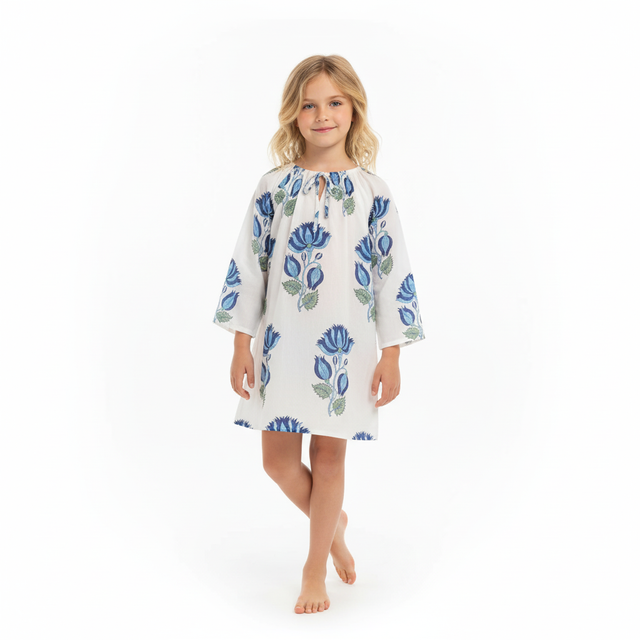 St Barth Girls Kaftan Blue Lotus Block Print