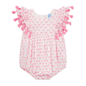 A pink baby romper with a butterfly pattern and decorative frills on the sleeves.