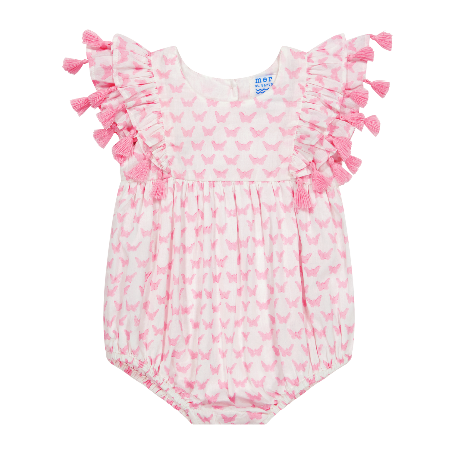 A pink baby romper with a butterfly pattern and decorative frills on the sleeves.