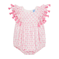 A pink baby romper with a butterfly pattern and decorative frills on the sleeves.