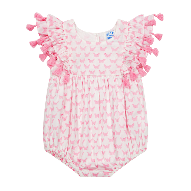 A pink baby romper with a butterfly pattern and decorative frills on the sleeves.