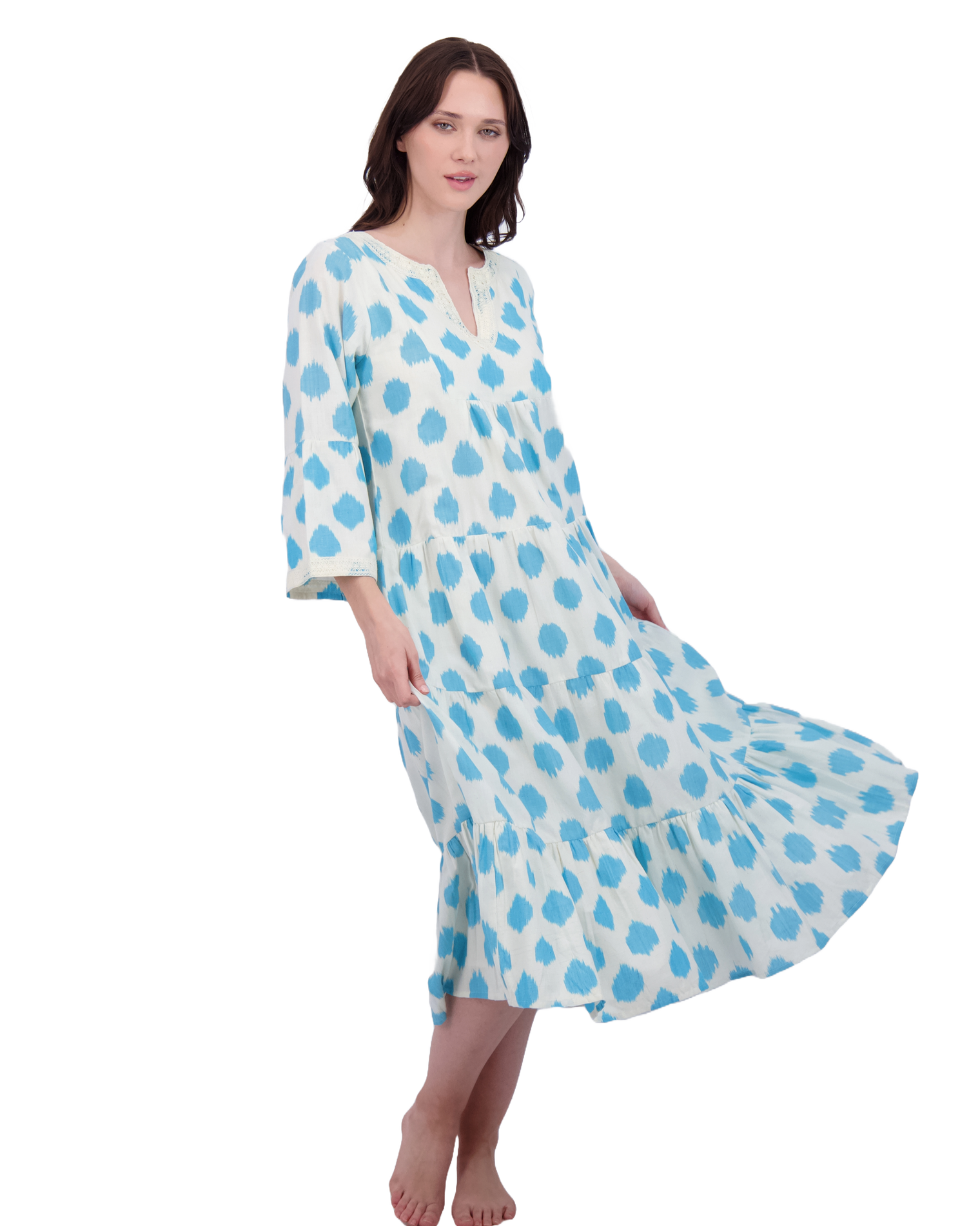 Suri Women's Bell Sleeve Dress Aqua Cream Ikat