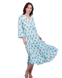 Suri Women's Bell Sleeve Dress Aqua Cream Ikat