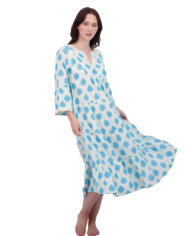 Mer St Barth Suri Women's Bell Sleeve Dress Aqua Cream Ikat