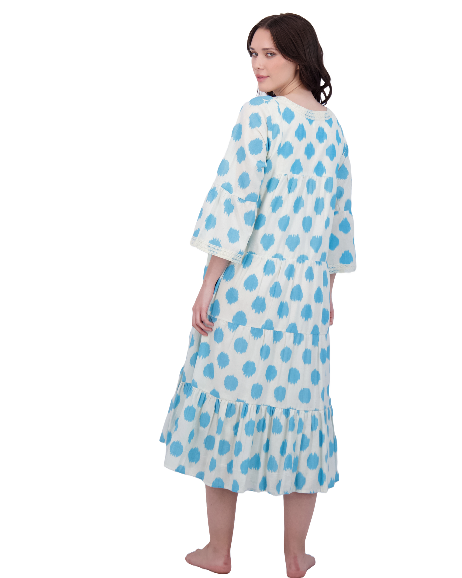 Suri Women's Bell Sleeve Dress Aqua Cream Ikat