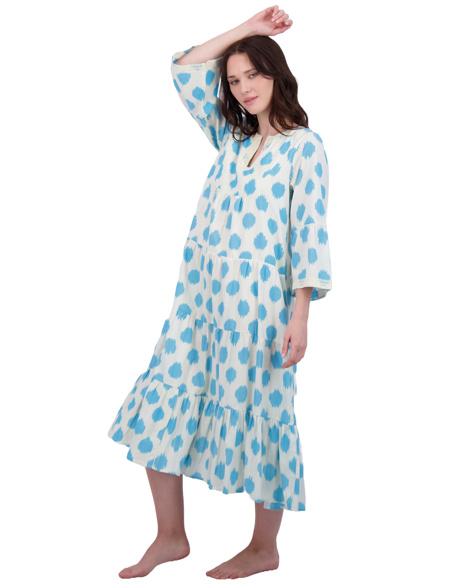 Suri Women's Bell Sleeve Dress Aqua Cream Ikat
