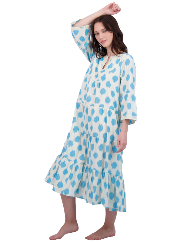 Mer St Barth Suri Women's Bell Sleeve Dress Aqua Cream Ikat