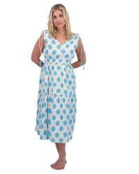 Noemie Women's Ruched Shoulder Tie Maxi Dress Cream Aqua Ikat