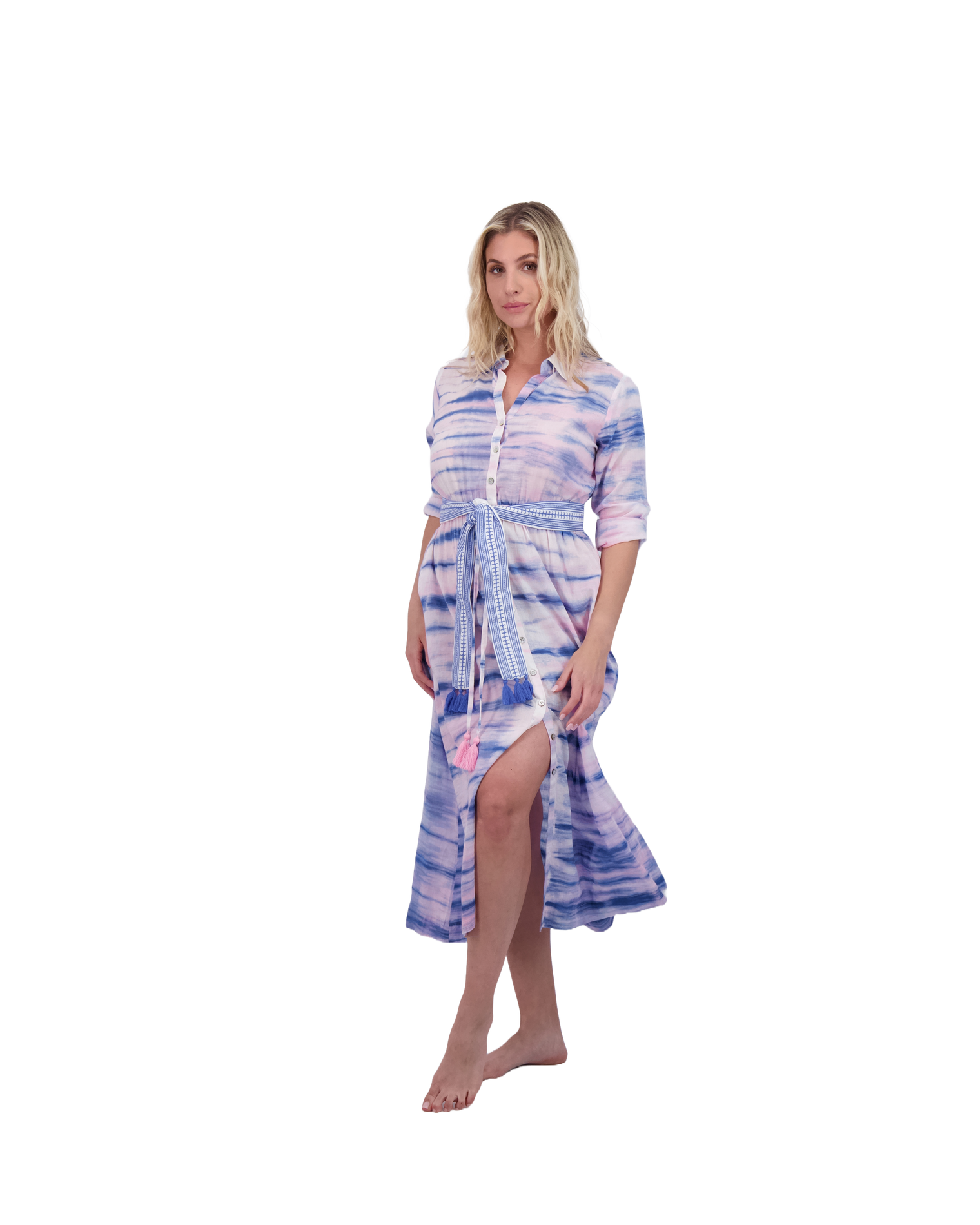 Anais Women's Button Front Shirtdress Rose Lapis Blue Shibori