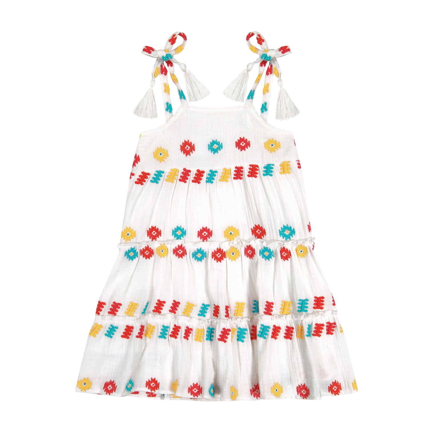 Bella Girl's Shoulder Tie Sundress White Embroidery