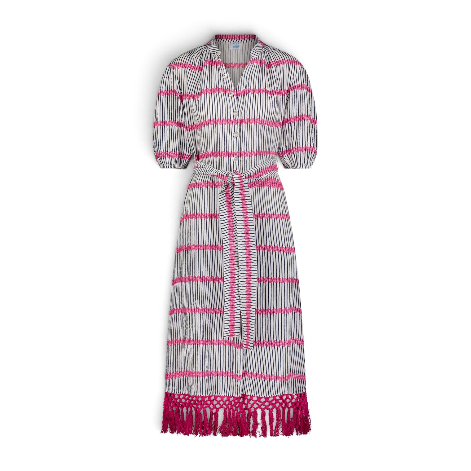 Mer St Barth Estelle Women's Fringed Shirtdress Marine Stripe Embroidery