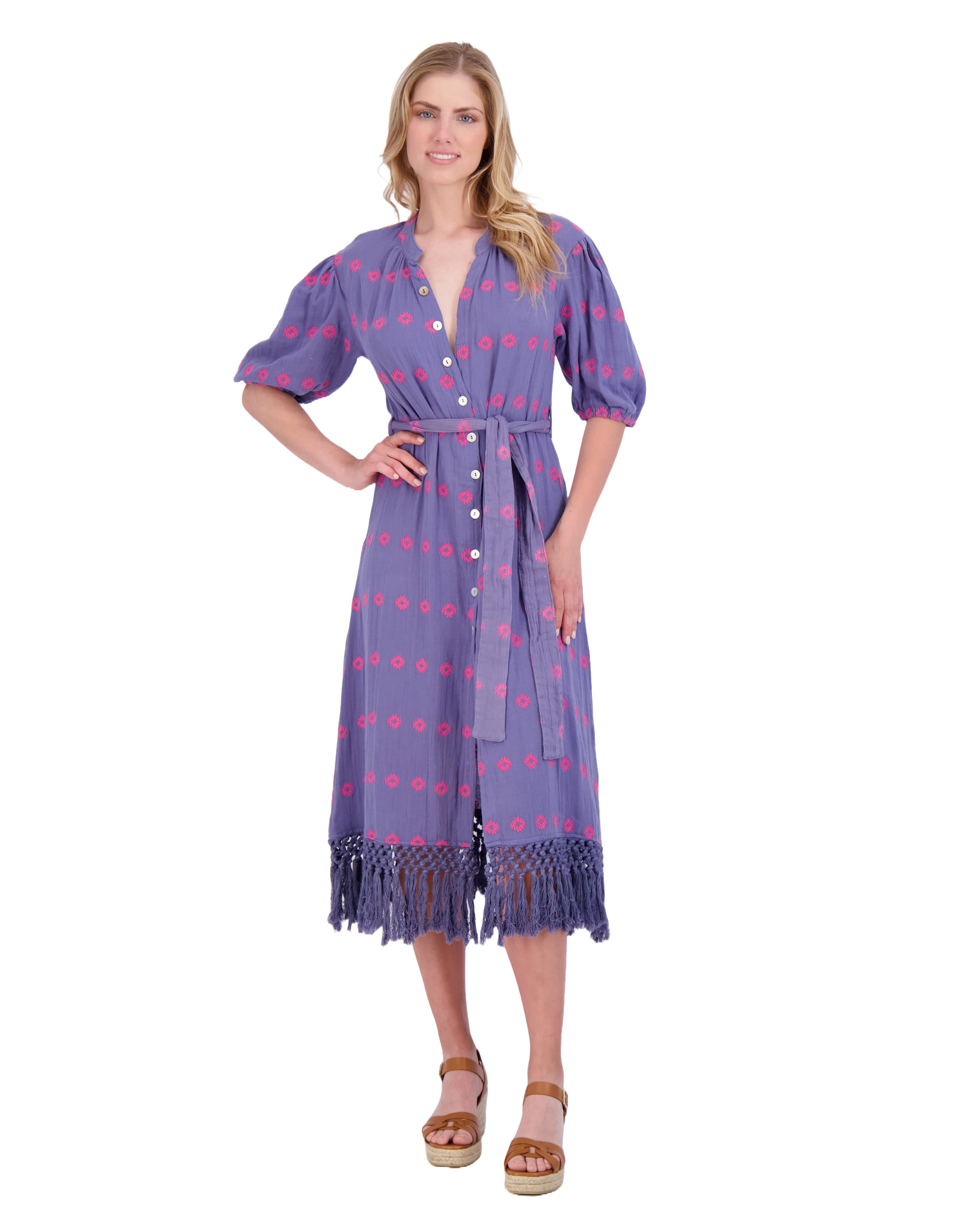 Estelle Women's Fringed Shirtdress Periwinkle Embroidery