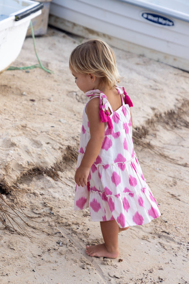 Bella Girl's Shoulder Tie Sundress White Pink Ikat