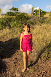 Inez Girls Shoulder Tie Romper Raspberry Embroidery