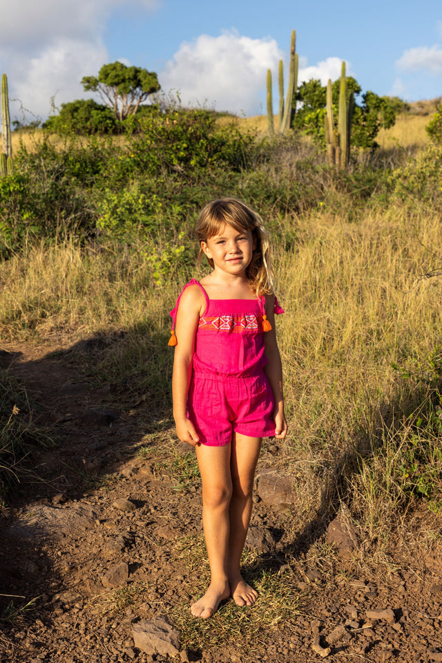 Mer St Barth Inez Girls' Shoulder Tie Romper Raspberry Embroidery