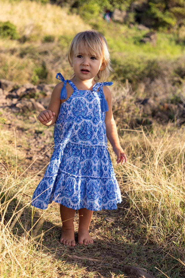 Bella Girl's Shoulder Tie Sundress Blue Paisley