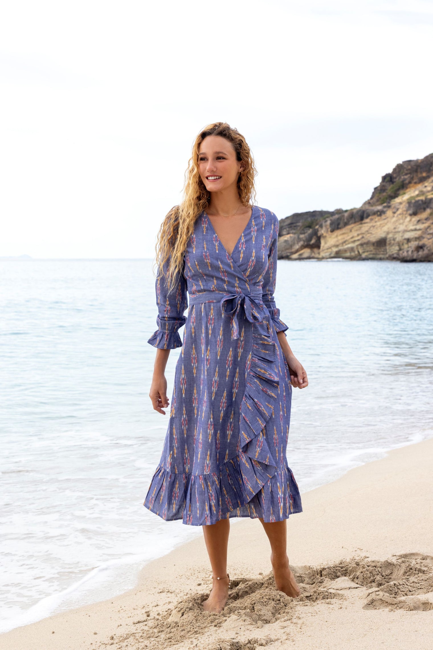 Genevieve  Women's Ruffle Wrap Dress Chambray Ikat
