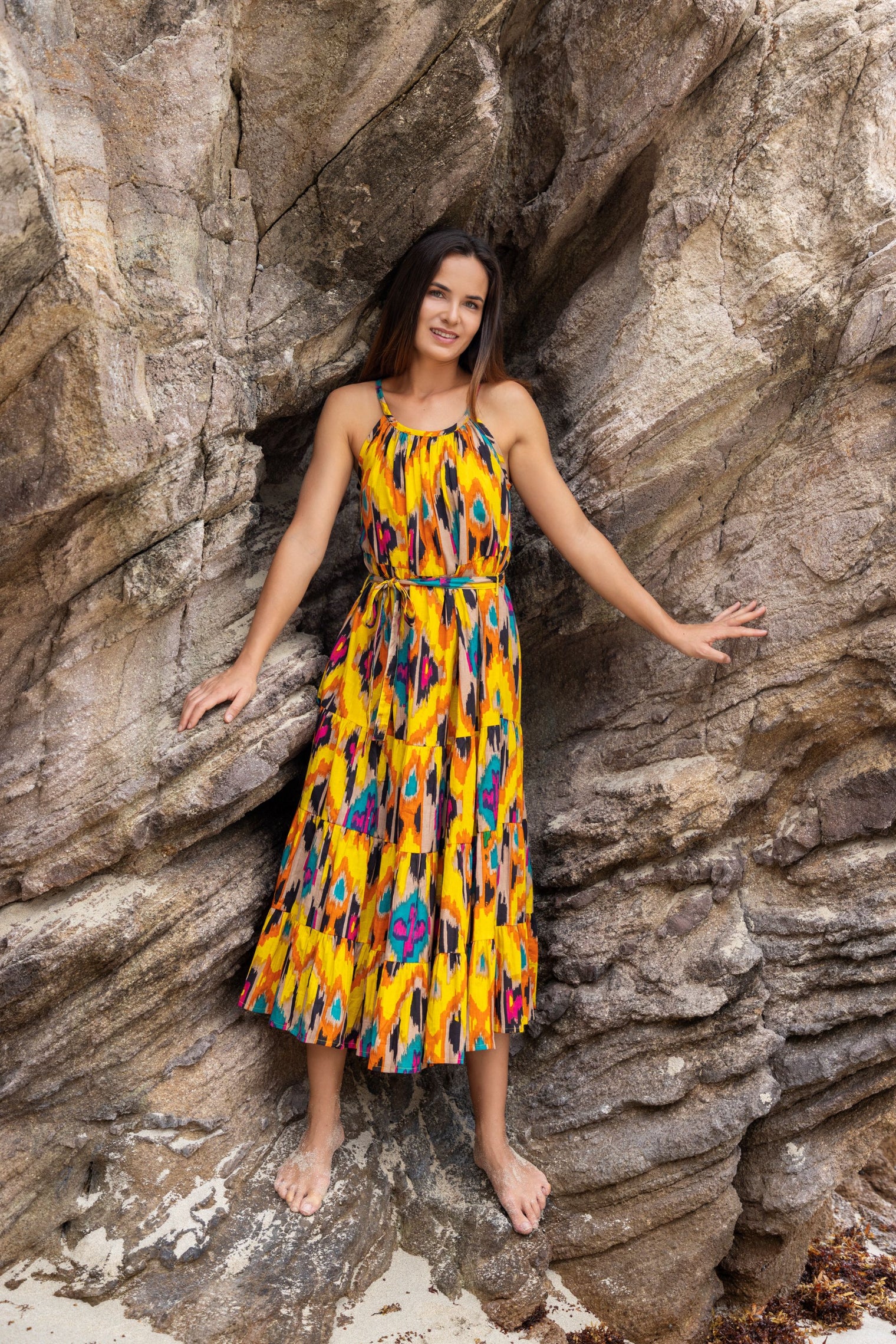 Sabine Womens Maxi Dress Fiesta Gold Ikat