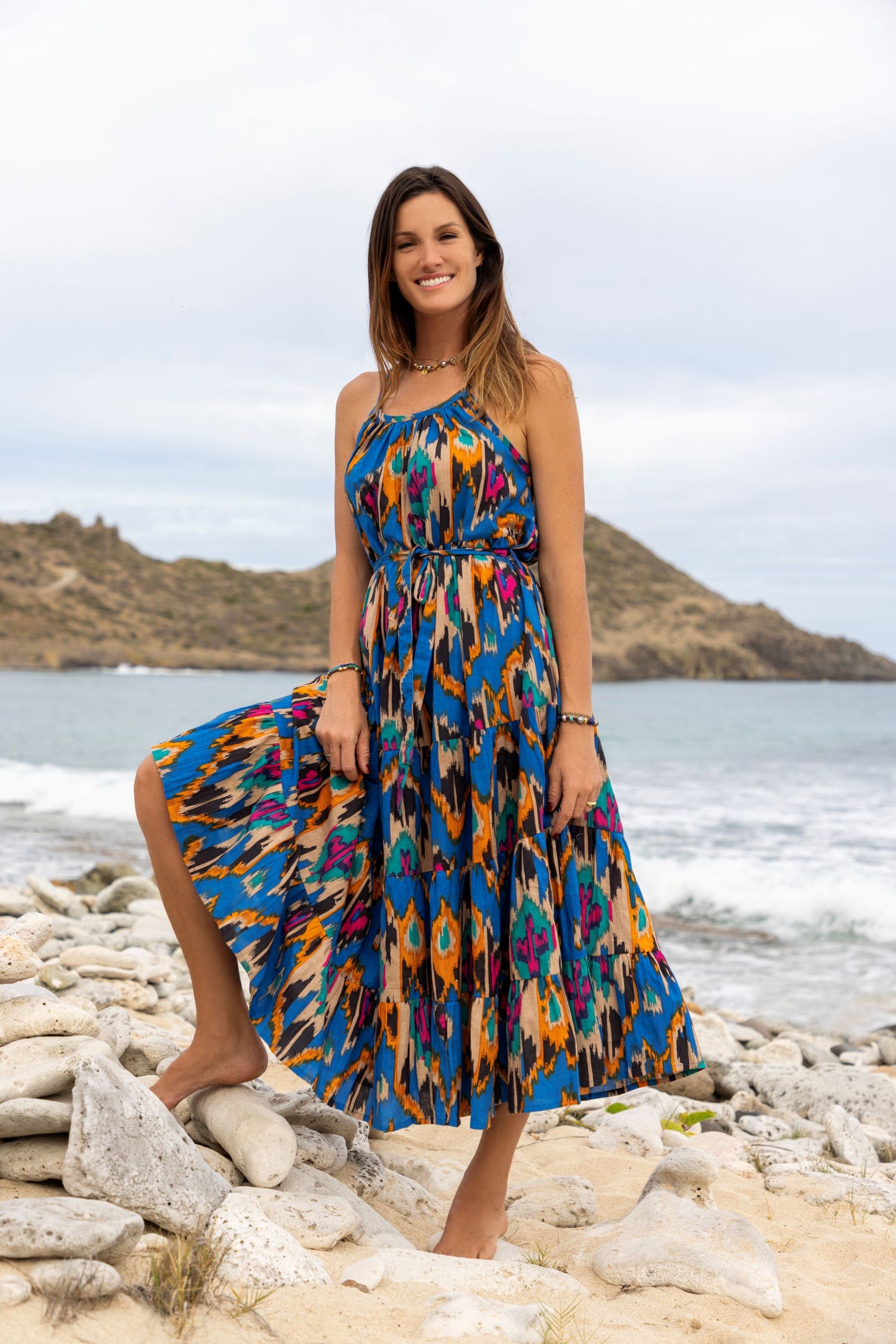 Sabine Womens Maxi Dress Fiesta Blue Ikat