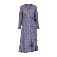 Genevieve  Women's Ruffle Wrap Dress Chambray Ikat