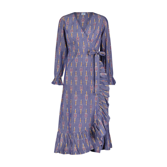 Mer St Barth Genevieve Women's Ruffle Wrap Dress Chambray Ikat