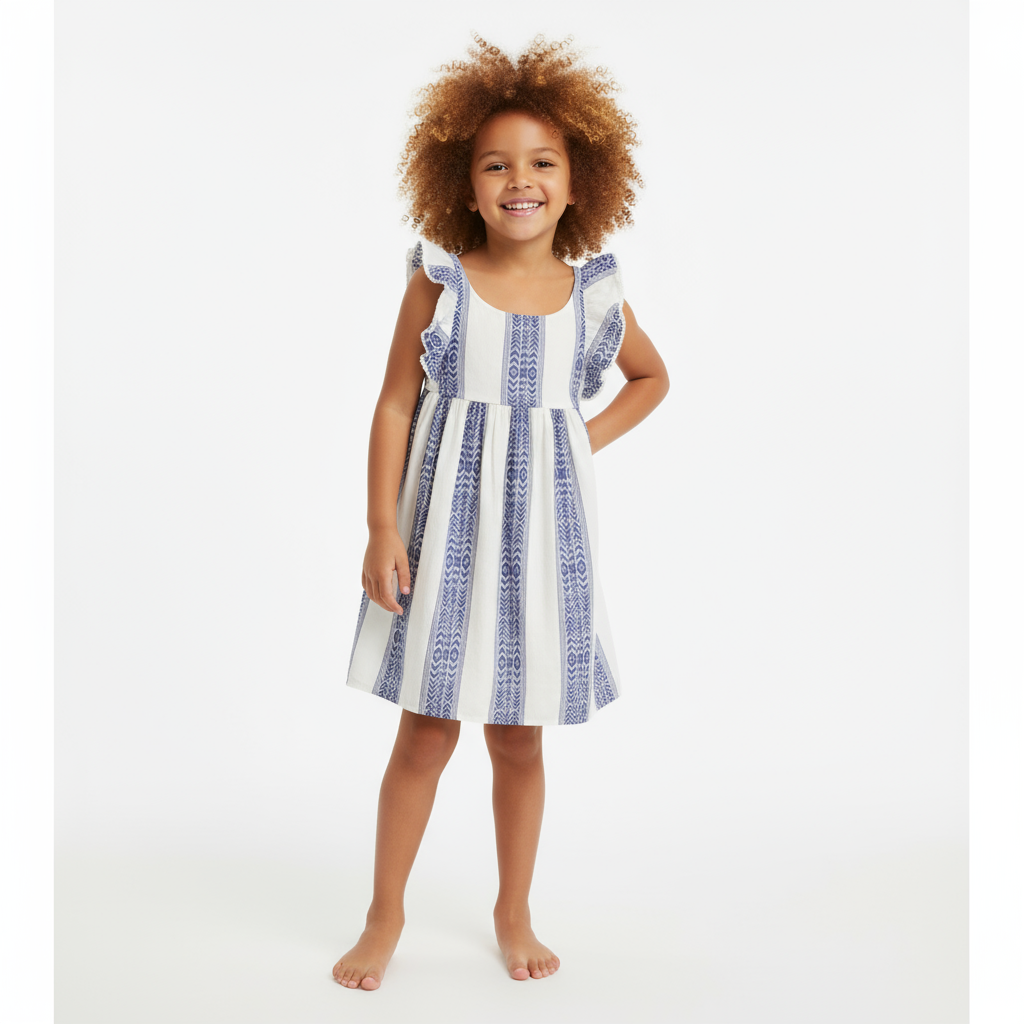 Daphne Girl's Flutter Sleeve Dress Navy Stripe