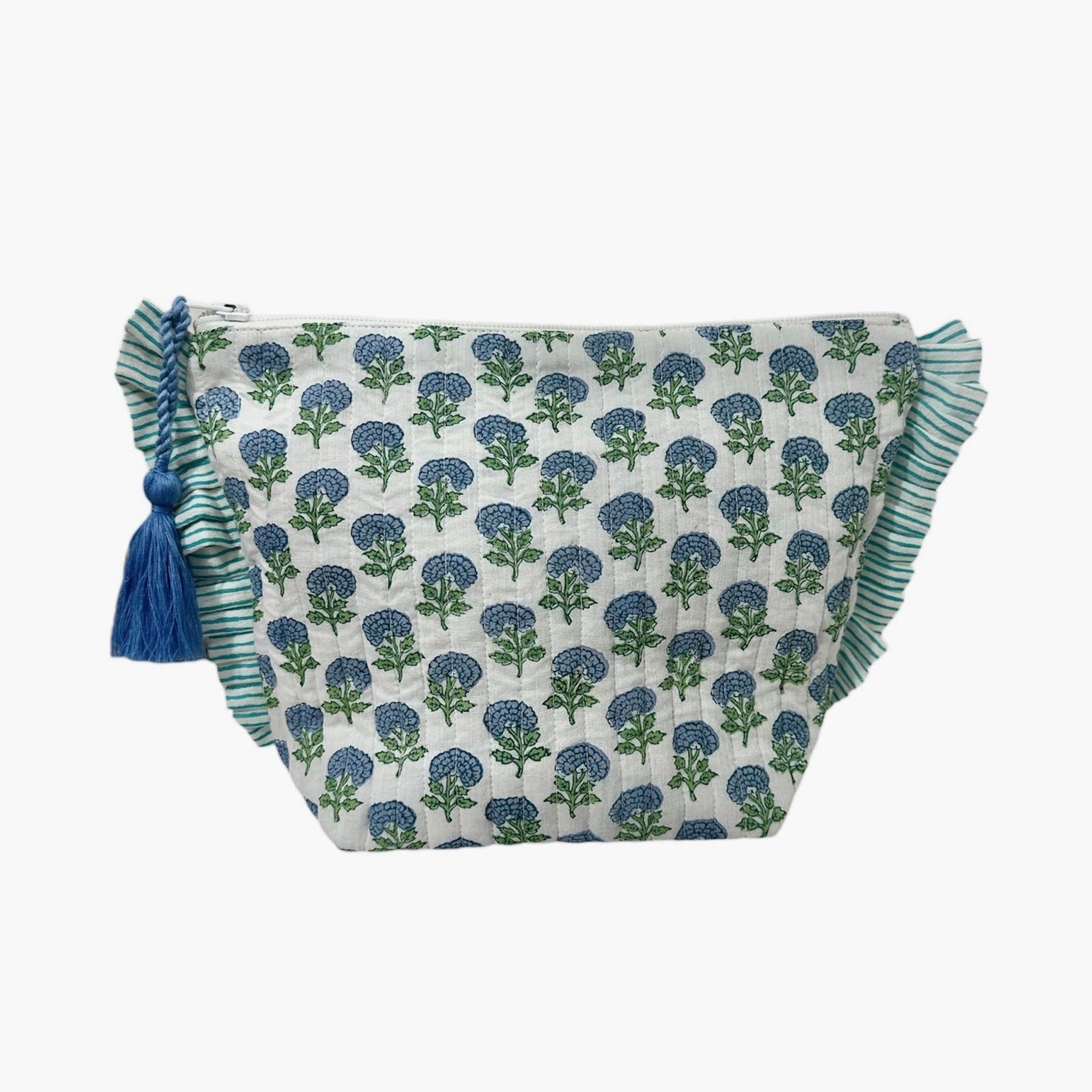 La Plage Ruffle Pouch Aqua Floral Block Print